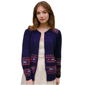 SUSAN BRISTOL 80's Knit button front Cardigan cottagecore floral wool purple L